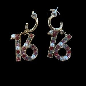 Gold and Red, Pink & Pearl Number “16” Earrings NWOT
